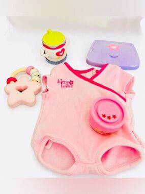 Bitty Baby Pink Wrap Romper + Bitty Baby & American Gitl Accessories food rattle